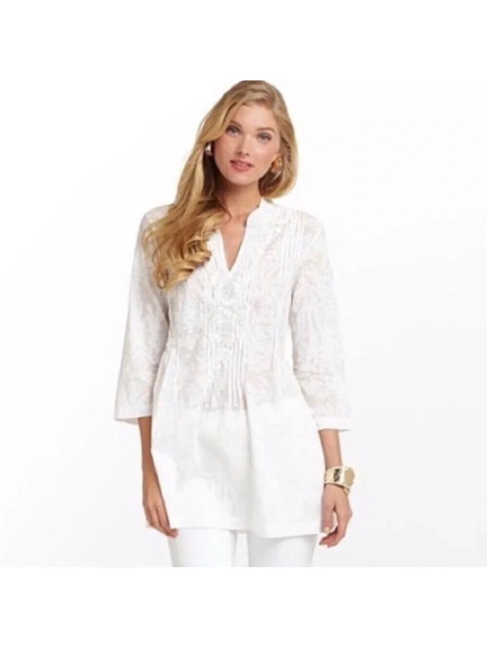 Lilly Pulitzer XS Tunic Top White Beaded Sequin Embellished V-Neck Cottage Core